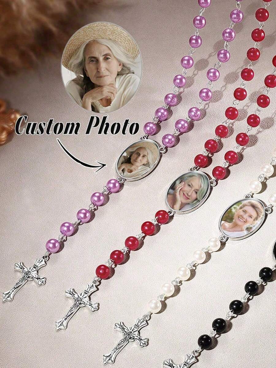 Personalized Beaded Cross Necklace With Custom Photo Inlay, Family Jewelry, Picture Necklace, Memorial Keepsake - Multicolor - View 1