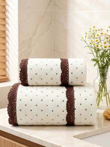 2/1pc Approx. 13.8*29.6in/27.6*55in Fashion Polka Dot Coral Fleece Thickened Towel, Bath Towel, Elegant Vintage Brown Lace Trim, Super Soft Highly Absorbent Quick Dry, Suitable For Home Bathroom Shower, Beach, Spa, Back To School Season - Beige - View 6