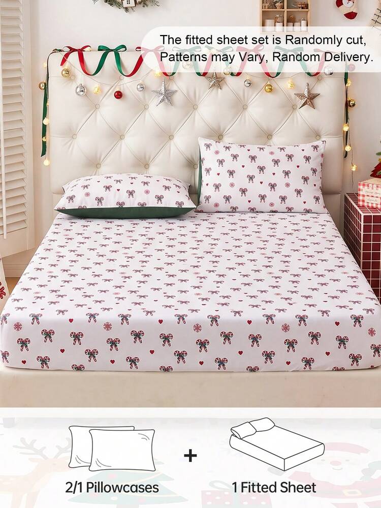 2/3pcs Candy Cane & Bow Print Bed Sheet Set, Mattress Protector, Mattress Cover, Fits All Bed Sizes - Twin, Full, Queen, King, Fits 9-12 Inch Deep Mattresses, Machine Washable, Suitable For Home Bedding And Student Dorm Bedding - Multicolor - View 2