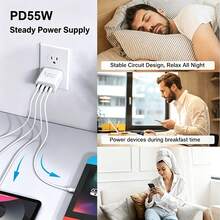欧标C/E/F型插头（220-240V）55W超级快充墙充，配备2个USB-A接口和2个USB-C接口，可选配1米（3.3英尺）USB-C转USB-C/USB-C转Lightning/USB-A转USB-C/USB-A转Lightning快充线。多种线缆配置可选，完全兼容MacBook 17/16/15/14/13/12系列和Galaxy S25/S24/S23/S22系列。适用于家庭、办公室和旅行，是阵亡将士纪念日和夏季的开端。 - 查看 8