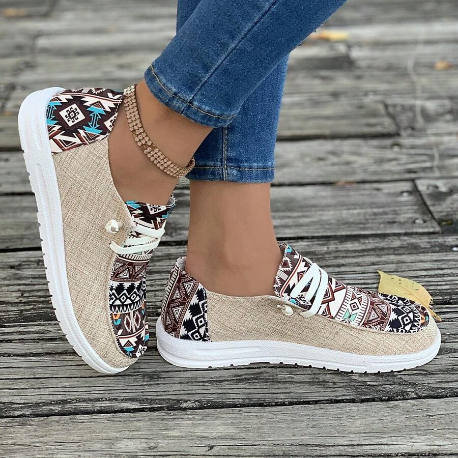 Women's Vintage Western Random Print Canvas Shoes, Spring/Autumn New Style, American Casual Slip-On Slouchy Shoes, Versatile Flat Loafers - Khaki - View 1