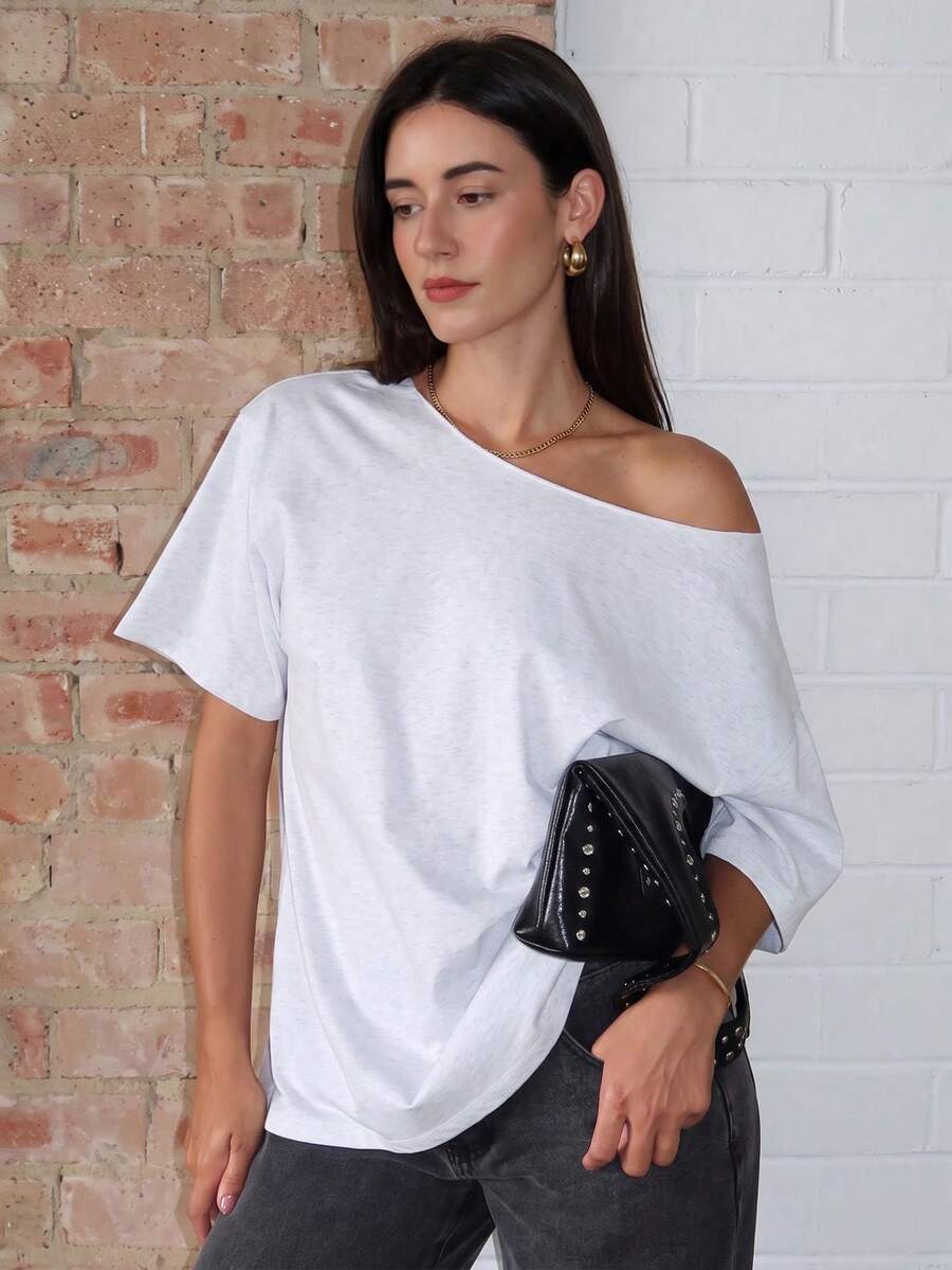 Women's Solid Color Asymmetric Neck Loose T-Shirt, Beach & Resort Wear, Spring/Summer Casual White - White - View 1