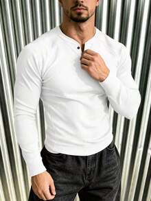 New Men's Casual Classic Ribbed Texture Raglan Sleeve Versatile Long Sleeve T-Shirt - White - View 3