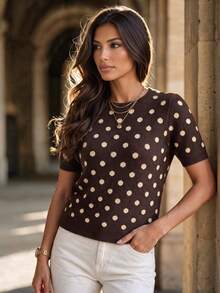 Women's Vintage-Style Brown Polka-Dot Short-Sleeve Knit Pullover; Regular Length, Slightly Stretchy Fabric-Suitable For Autumn Outfits. - Brown - View 2