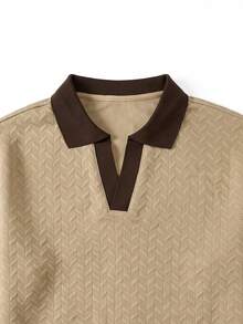 Men's New Fashionable Textured Herringbone Wheat Jacquard Long Sleeve Polo Sweatshirt, Minimalist Elegant Daily Wear - Khaki - View 4