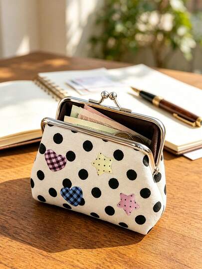 Porte-monnaie en tissu à pois avec bouton plat en forme de cœur et décoration à carreaux étoilés, petit sac à monnaie frais et doux, souple et léger, fermeture à pression, convient pour le sac à dos de trajet pour ranger les pièces et les clés, le tiroir de la coiffeuse pour organiser les pièces, les élastiques à cheveux et le petit miroir, le compartiment de bagage pour les courts trajets pour séparer les boucles d'oreilles, les bagues et les pansements, accessoire de photo à tenir à la main pour le shopping et le thé de l'après-midi pour ajouter des touches de style, léger et facile à transporter, convient aux femmes, aux étudiantes, convient comme cadeau entre amis, Noël, Halloween, article essentiel pour sortir