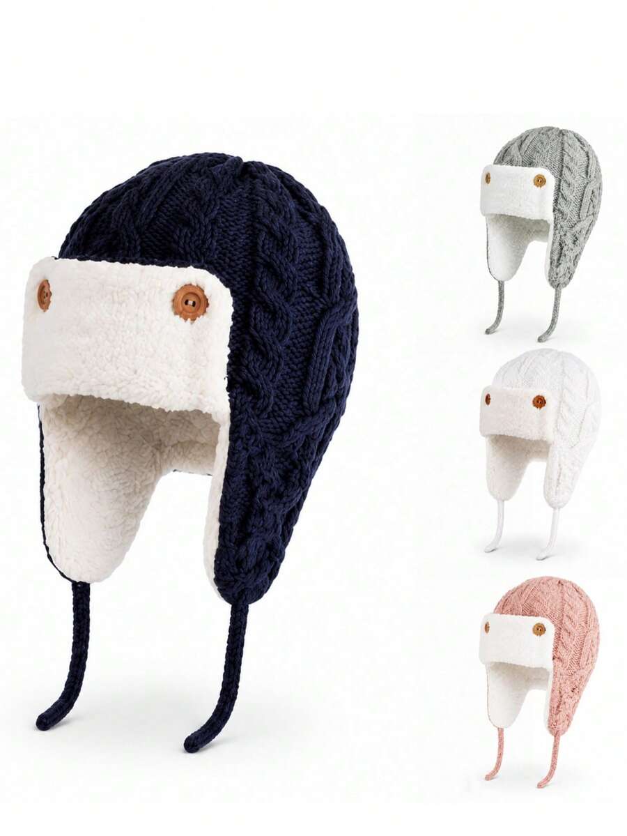 Toddler Children Baby Winter Knitted Aviator Hat Warm Lining Cute Woolen Hat Unisex - Cable-knit Lei Feng Cap - View 1
