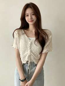 YCYC Korean Style Hollow Drawstring V-Neck Women's Knit Top - Apricot - View 1