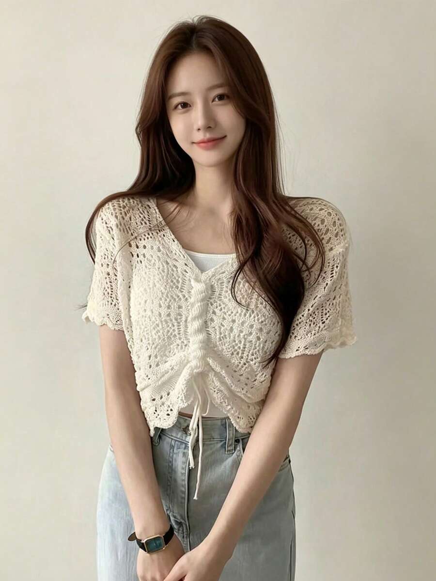 YCYC Korean Style Hollow Drawstring V-Neck Women's Knit Top - Apricot - View 1