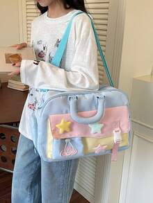 1 buah Tas Duffle Blok Warna Kawaii, Dekorasi Bintang Berbulu, Tas Perjalanan Kapasitas Besar, Tas Tangan & Tas Selempang dengan Tali yang Dapat Diatur untuk Sekolah dan Gym - MultiWarna - View 3
