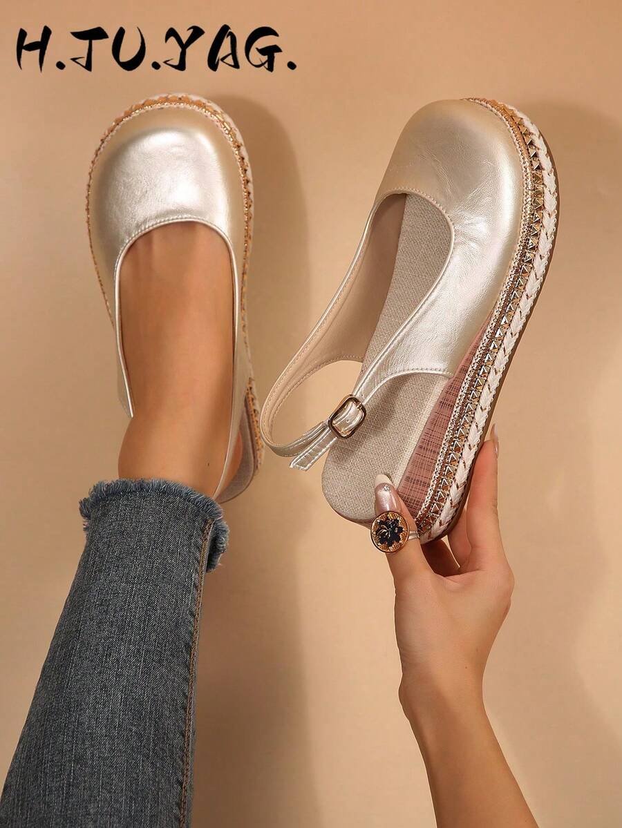 Bohemian Woven Closed-Toe Sandals For Women, Vintage Rivet Rope Thick Sole Back Buckle Casual Beach Shoes