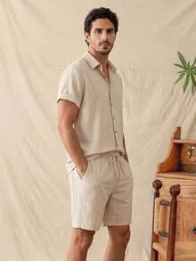 glestore Men's Retro-Inspired Casual "Old Money" Shirt Set, Crafted From Textured Fabric-A Stylish Vacation Outfit And A Versatile Wardrobe Staple - Beige - View 3