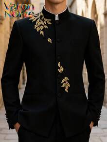 Traje chino para hombre | Chaqueta de traje bordada con hoja dorada | Adecuado para banquete | Traje de hombre | Vestido de novia - Negro - Ver 2