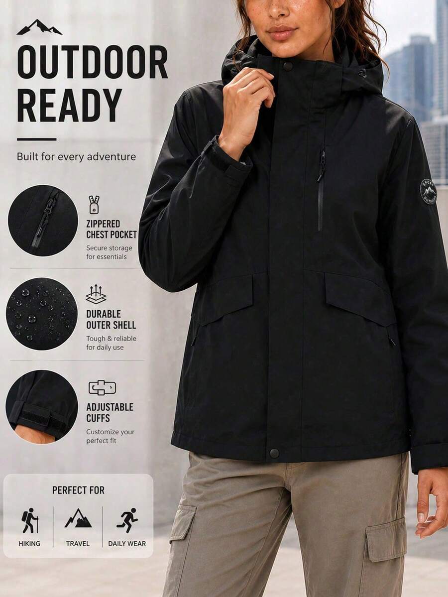 AODSR Women's Black Hooded Utility Jacket With Zippered Chest Pocket, Flap Pockets And Adjustable Cuffs For Casual Outdoor Wear - Black - View 1