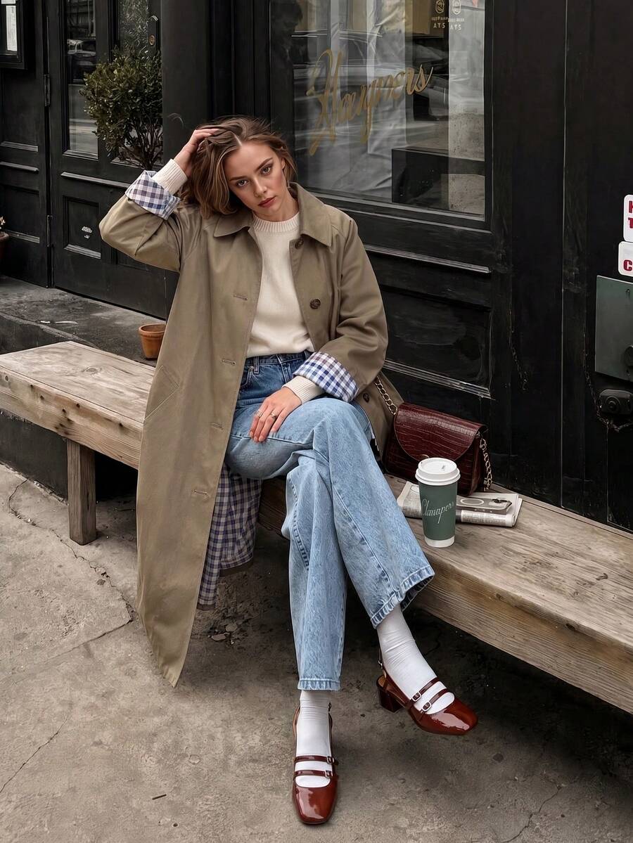 Women's Plaid Button Casual Loose Mid-Length Trench Coat Spring - Army Green - View 1
