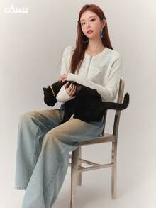 CHUU Letter Zipper Long Sleeve Knit Cardigan Women Spring Autumn Light Blue Round Neck Short Jacket Top - White - View 4