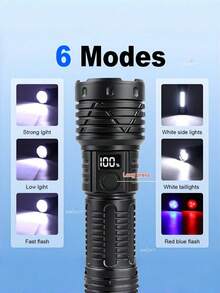 3-Light Flashlight, Rechargeable LED Flashlight, Side Light, Zoomable Flashlight, Red Tail Light, 18650 Battery Spotlight, Reverse Charging Flashlight, Battery Level Display, Portable Search Light, Outdoor Camping Light, Fishing, Hiking, Work Light, Gift - Star - View 9