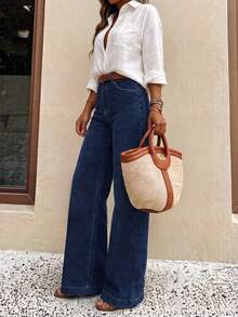 Celana Jeans Wanita Kasual Model Lurus, Celana Denim Lebar Minimalis Warna Polos Modis, Cocok untuk Berbagai Acara dan Pakaian Liburan di Musim Gugur - Biru - View 4