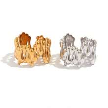 2pcs/1pc Autumn 18K Gold Plated Chunky Hammered Stainless Steel Open Ring, Punk Style Party Stackable Jewelry Gift, Adjustable Statement Ring, Suitable For Daily, Party, Vacation Wear, Gift For Her - Multicolor - View 7