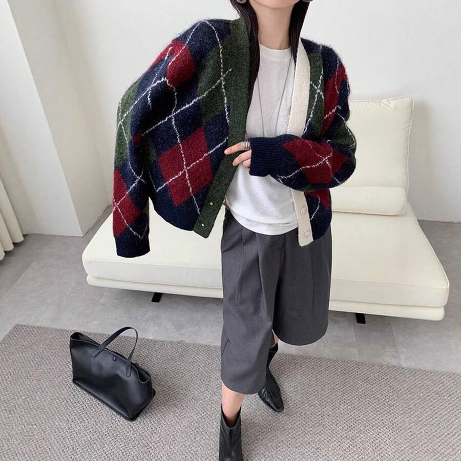 Elegant Argyle Pattern Turndown Collar Faux Placket Long Sleeve Knit Sweater, Suitable For Commuting And Everyday Wear, Autumn/Winter - Navy Blue - View 1