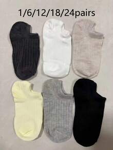 6 Pairs Solid Color Fine Striped Boat Socks, Simple Comfortable Breathable, Women's Socks And Long Socks (1/6/12/18/24 Pairs) - Multicolor - View 9