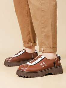 Vintage Colorblock Shell Toe Thick Sole Chunky Heel Platform Lace-Up PU Casual Loafers Height-Increasing Shoes - Khaki - View 6