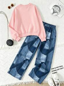 Girls' Autumn And Winter 2 Pieces Set, Sweet-Style Heart Print Crewneck Sweatshirt And Faux Denim Wide-Leg Pants, Versatile Outfit. - Pink - View 4