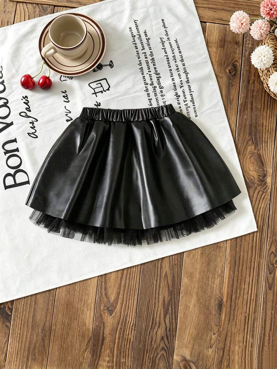 Girls' Autumn Sweet & Cool Style Mesh Patchwork Double Layer A-Line Mini Skirt - Black - View 1