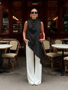 Women's Elegant Versatile Solid-Color High-Neck Strapless Sleeveless White Satin Top Featuring An Asymmetrical Hem Top, Spring Summer Black - Black - View 1