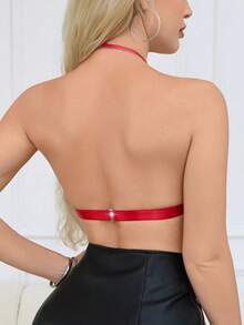 Sujetador cómodo de mujer de color liso con diseño fruncido y hebilla anular (sin relleno) - Rojo - Ver 3