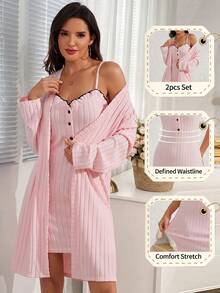 Gaun Pendek Tanpa Lengan Panjang Model Camisole Seksi Pas Badan dengan Potongan Bergaris Warna Polos untuk Wanita Musim Semi, Gugur, dan Musim Dingin, Set 2 Potong - Berwarna merah muda - View 9