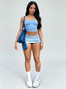 LovelyWholesale Women's Y2K Style Strapless Top And Bodycon Mini Skirt 2 Pieces Set, Summer Elegant - Baby Blue - View 1