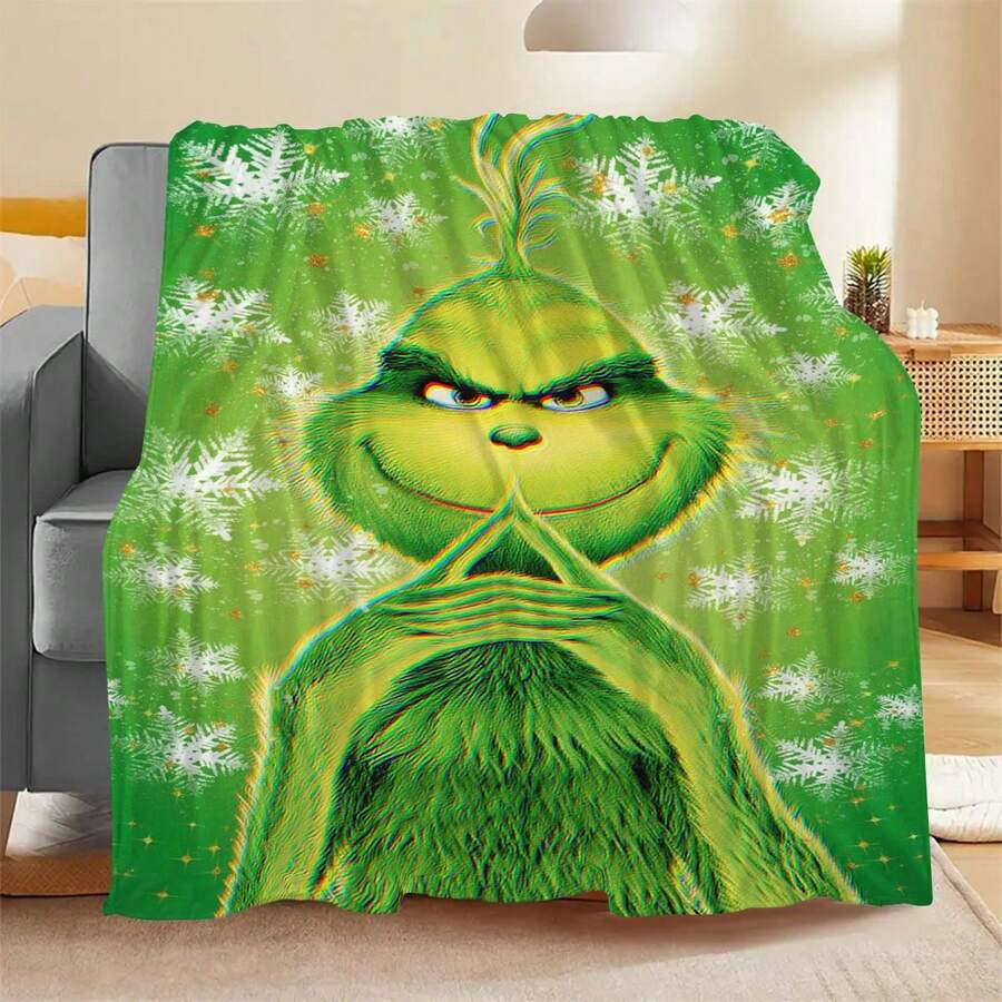 The Grinch Soft & Comfortable 1pc Snowflake Green Modern Flannel Christmas Nap Blanket - Christmas Tree, Deer, Snowflake, Snowman - Polyester Nap Blanket - Digital Print Craft, Suitable For Sofa, Bed, Travel, Office Home Decor - Multicolor - View 1