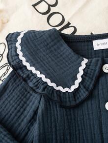 Conjunto de blusa de manga larga con cuello Peter Pan con volantes y falda azul de estilo preppy lindo para niña bebé en otoño/invierno para salidas y fiestas - Azul - Ver 7