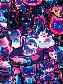 56Pcs PP Fluorescent Neon Cool Cute Cat Stickers, Cyberpunk Decor Elements Of Astronaut, Wizard And Party‑Themed Kittens, Suitable For Notebooks, Suitcases, Game Console Shells, Water Bottles, Storage Boxes, Desks - Multicolor - View 10