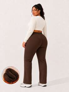 Plus Size Women's Solid Color Fleece Lined Casual Sports Long Pants - Black - View 4