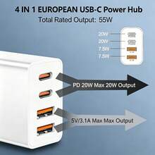 欧标C/E/F型插头（220-240V）55W超级快充墙充，配备2个USB-A接口和2个USB-C接口，可选配1米（3.3英尺）USB-C转USB-C/USB-C转Lightning/USB-A转USB-C/USB-A转Lightning快充线。多种线缆配置可选，完全兼容MacBook 17/16/15/14/13/12系列和Galaxy S25/S24/S23/S22系列。适用于家庭、办公室和旅行，是阵亡将士纪念日和夏季的开端。 - 查看 6