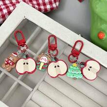1pc Christmas Theme Cartoon Keychain, Apple Slice With Holiday Pendant, Colorful 3D Character Charm, Bag Accessory, Lobster Clasp Design, Cute Festive Gift, Multiple Styles - A - View 2