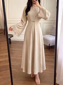 Women's Autumn Light Khaki Muslim Long Dress, Lace Bell Sleeve, Waist-Cinching, Frog Button Decor, Elegant Simple Modest Daily & Party Outfit - Khaki - View 1