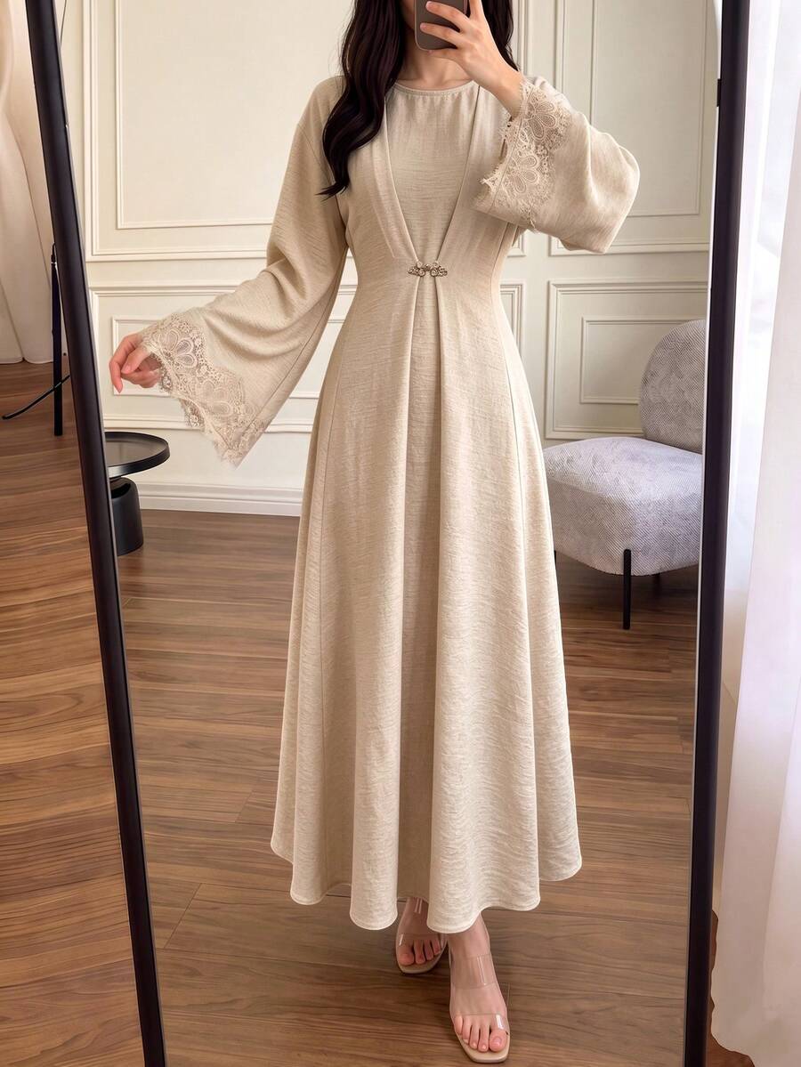 Women's Autumn Light Khaki Muslim Long Dress, Lace Bell Sleeve, Waist-Cinching, Frog Button Decor, Elegant Simple Modest Daily & Party Outfit - Khaki - View 1