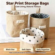 Linen Hanging Storage Basket, Foldable Small Fabric Storage Bucket, Wall-Mounted Storage Bag, Suitable For Home Desk Wardrobe Miscellaneous Items, Multiple Pattern Lining, Back To School Essential, Back To School Gift - Round - View 3