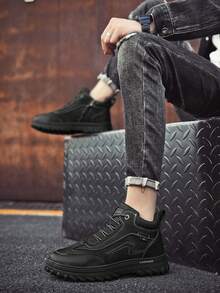 Men's Fashion Cargo Style Style Versatile High-Top Boots, Lace-Up PU Leather Non-Slip Thick Sole, Outdoor Personalized Daily Commute Versatile Boots - Black - View 7