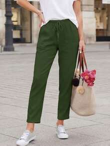 Jisfaneya Women's Solid Color Drawstring Casual Straight Leg Pants With Pockets - Green - View 6