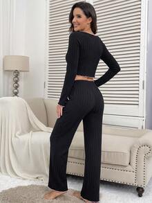 Women's Spring/Autumn/Winter Solid Color Ribbed Fashion Ruffle Trim Sweet Bow Sweetheart Collar Raglan Long Sleeve Casual Dual Pocket Pants Comfortable Loungewear 2-Piece Set - Black - View 2