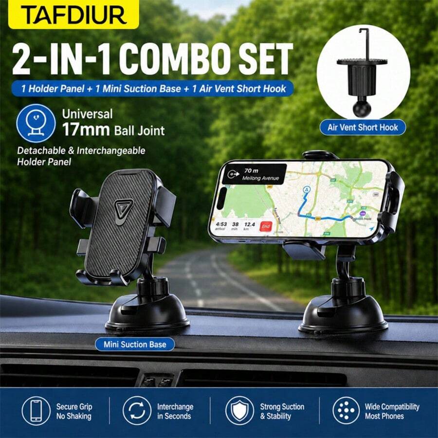 TAFDIUR Car Phone Holder, Detachable Ball Head Suction Cup & Air Vent Dual-Use Car Navigation Phone Mount - Multicolor - View 1