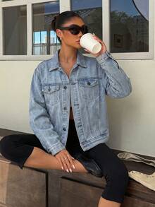 Classic Women's Denim Jacket For All Seasons, Cute Dog Pattern, White Ink Direct-To-Garment Print, Loose-Fit Versatile Casual Top - Light Denim Blue 3 - View 4
