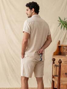 glestore Men's Retro-Inspired Casual "Old Money" Shirt Set, Crafted From Textured Fabric-A Stylish Vacation Outfit And A Versatile Wardrobe Staple - Beige - View 2