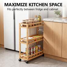 Bamboo Ultra-Thin Gap Storage Cart 3-Tier With Wheels Organizer Rack Suitable For Home Kitchen Bathroom - Camel - View 3