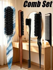 4/1 Hair Comb Set/Beard Brush Plastic Hair Brush Styling Comb Unscented Cleaning Brush Smooth Back Comb With Wide Pointed Tail Back Comb And Detangling Comb Smooth Frizz And Flyaways Create Voluminous Style Ponytail Easy Parting Suitable For Men And Women Recommended As Christmas Gift - Multicolor - View 1