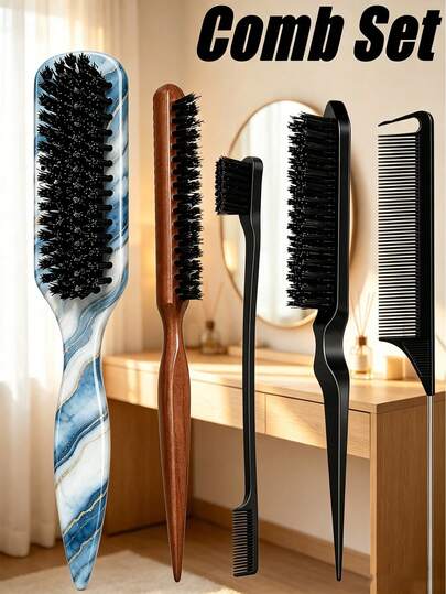 4/1 Hair Comb Set/Beard Brush Plastic Hair Brush Styling Comb Unscented Cleaning Brush Smooth Back Comb With Wide Pointed Tail Back Comb And Detangling Comb Smooth Frizz And Flyaways Create Voluminous Style Ponytail Easy Parting Suitable For Men And Women Recommended As Christmas Gift